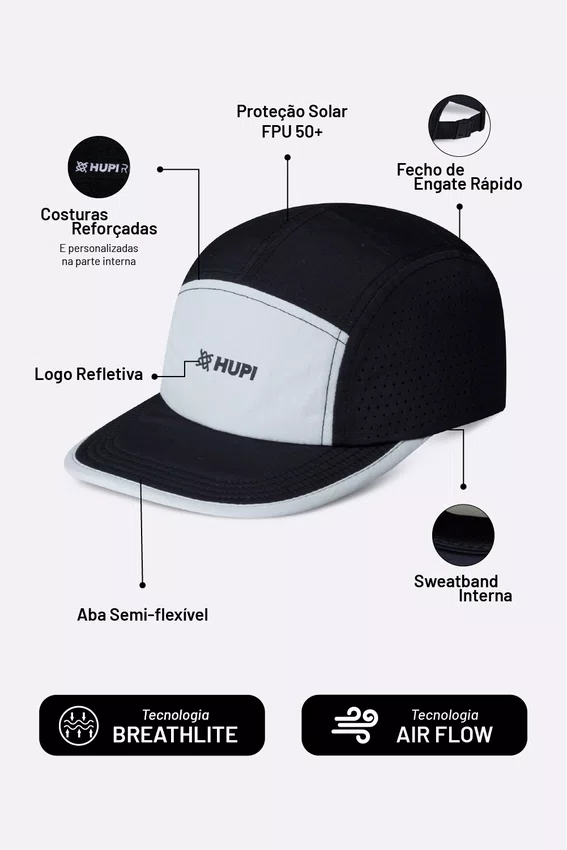Boné HUPI Run Supreme Air Preto e Cinza