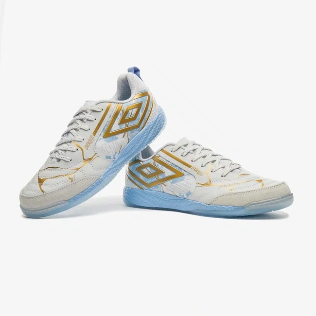 Chuteira Futsal Umbro Pro 5 Bump Kintsugi Branco e Azul
