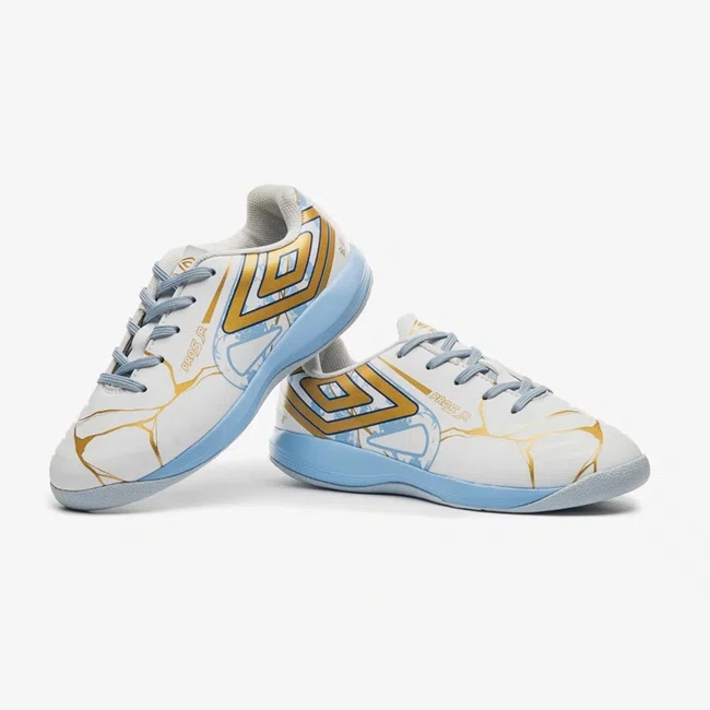 Chuteira Futsal Umbro Pro 5 Jr Kintsugi Branco e Azul