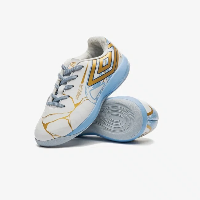 Chuteira Futsal Umbro Pro 5 Jr Kintsugi Branco e Azul