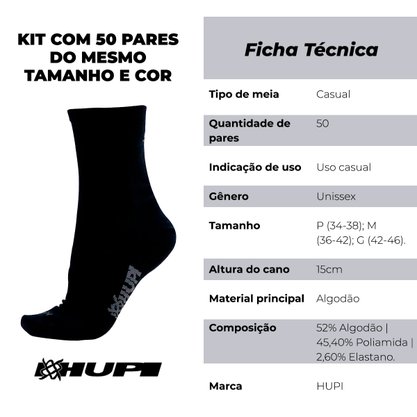 Meia HUPI Casual Cano Longo Algodão Preto - Kit 50 Pares Unissex