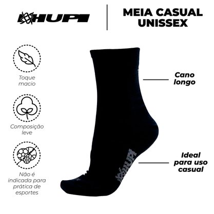 Meia HUPI Casual Cano Longo Algodão Preto - Kit 50 Pares Unissex