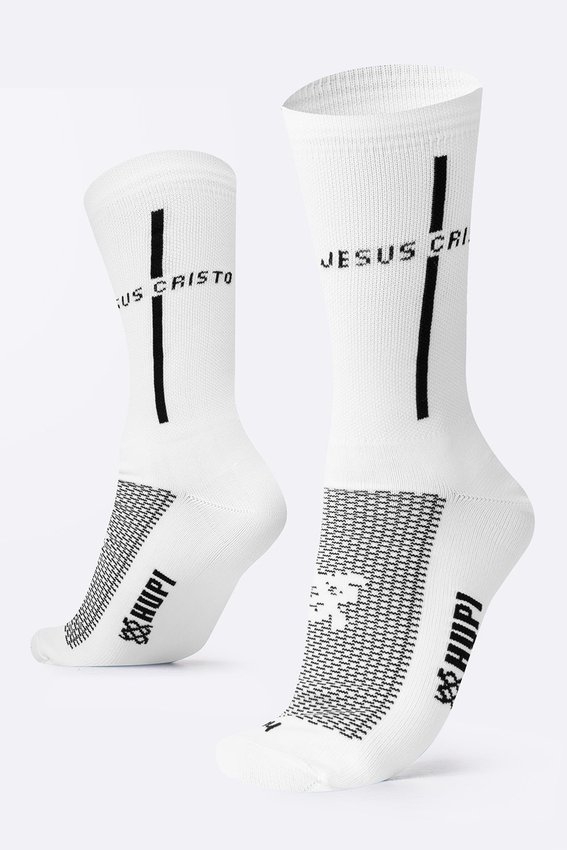 Meia HUPI Jesus Cristo Branco/Preto - Tamanho Plus 42-46