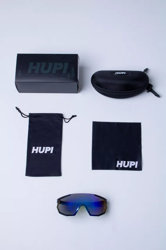 Óculos de Sol HUPI Aspen Armação Preto e Azul Lente Azul Espelhado
