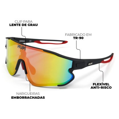 Óculos de Sol HUPI Bornio Preto/Vermelho - Lente Rosa Espelhado