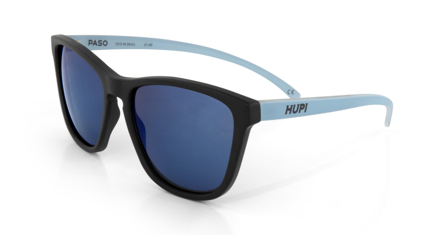 Óculos de Sol HUPI Paso Armação Preto e Azul Lente Azul Espelhado Óculos de Sol HUPI Paso Armação Preto e Azul Lente Azul Espelhado