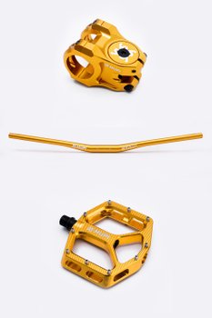 Kit Guidão + Mesa 35mm + Pedal Hupi Strip Dourado